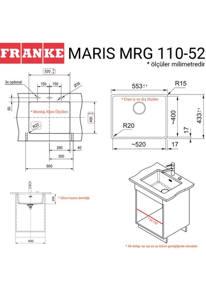 Mrg 110-52 Granit Evye, Nero, Tezgahaltı, Tek Hazne, 52X40 cm