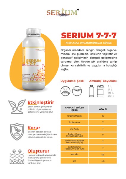 7-7-7 Npk'lı Sıvı Organomineral Gübre 1l