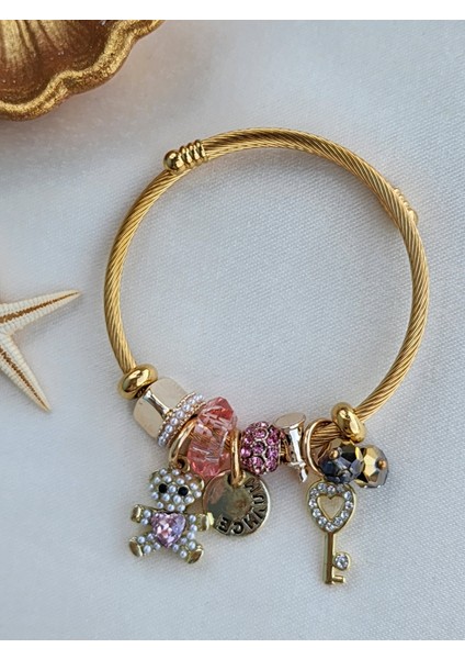 Çelik Bilek Ayıcıklı Kalp Anahtar Charm
