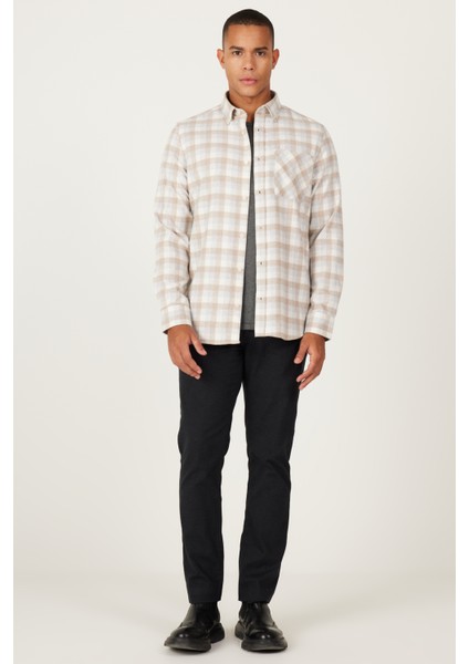 Erkek Bej-gri Slim Fit Dar Kesim Düğmeli Yaka Sıcak Tutan Kareli Kışlık Flanel Oduncu Gömlek