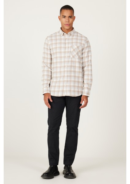 Erkek Bej-gri Slim Fit Dar Kesim Düğmeli Yaka Sıcak Tutan Kareli Kışlık Flanel Oduncu Gömlek