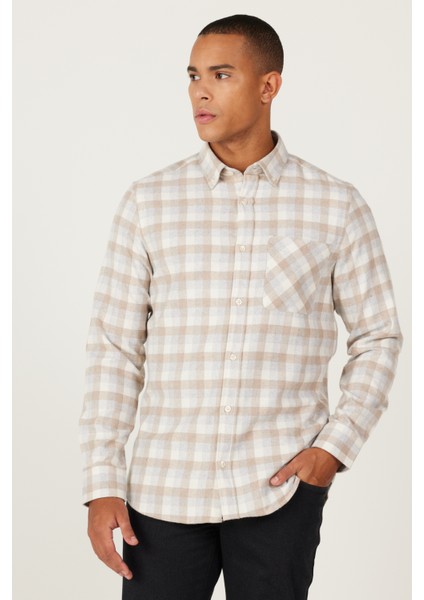 Erkek Bej-gri Slim Fit Dar Kesim Düğmeli Yaka Sıcak Tutan Kareli Kışlık Flanel Oduncu Gömlek