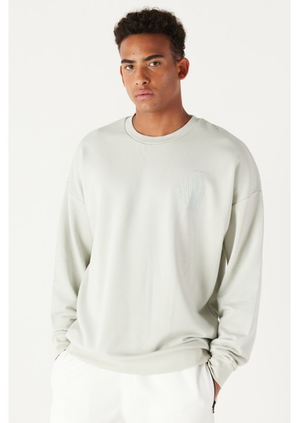 Erkek Su Yeşil Oversize Bol Kesim Bisiklet Yaka Baskılı Pamuklu Sweatshirt fiyatları