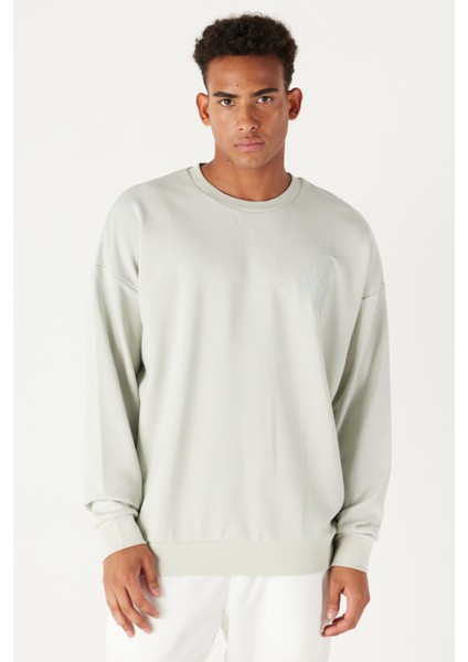 Erkek Su Yeşil Oversize Bol Kesim Bisiklet Yaka Baskılı Pamuklu Sweatshirt modelleri
