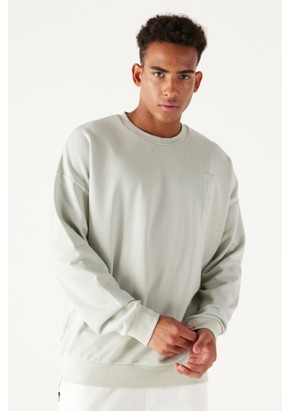 Erkek Su Yeşil Oversize Bol Kesim Bisiklet Yaka Baskılı Pamuklu Sweatshirt fırsatları