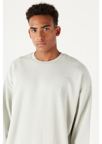 Erkek Su Yeşil Oversize Bol Kesim Bisiklet Yaka Baskılı Pamuklu Sweatshirt indirimleri