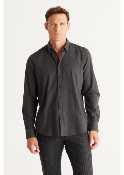 ALTINYILDIZ CLASSICS Erkek Antrasit Recycle Slim Fit Dar Kesim Gizli Düğmeli Yaka Pamuklu Flanel Oduncu Gömlek