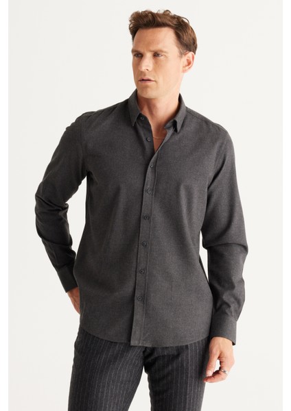 ALTINYILDIZ CLASSICS Erkek Antrasit Recycle Slim Fit Dar Kesim Gizli Düğmeli Yaka Pamuklu Flanel Oduncu Gömlek fırsatları