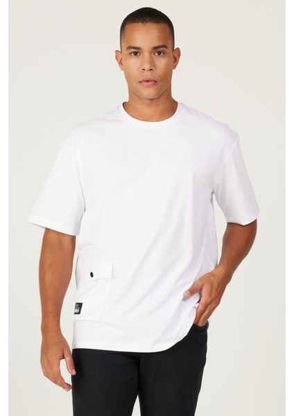 Erkek Beyaz Loose Fit Bisiklet Yaka Pamuklu Tişört