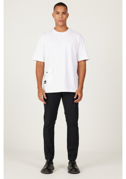 Erkek Beyaz Loose Fit Bisiklet Yaka Pamuklu Tişört