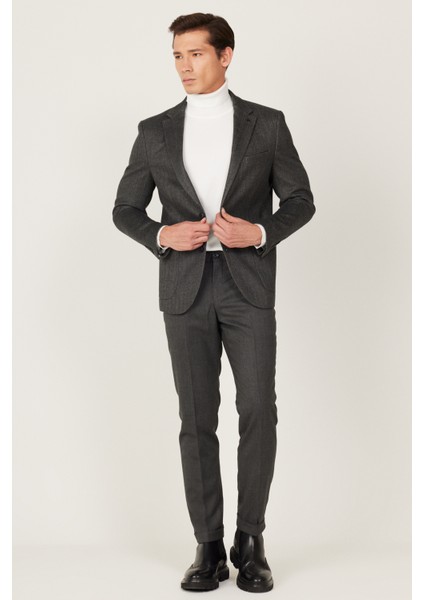 ALTINYILDIZ CLASSICS Erkek Antrasit Slim Fit Dar Kesim Mono Yaka Desenli Yünlü Blazer Ceket fiyatları