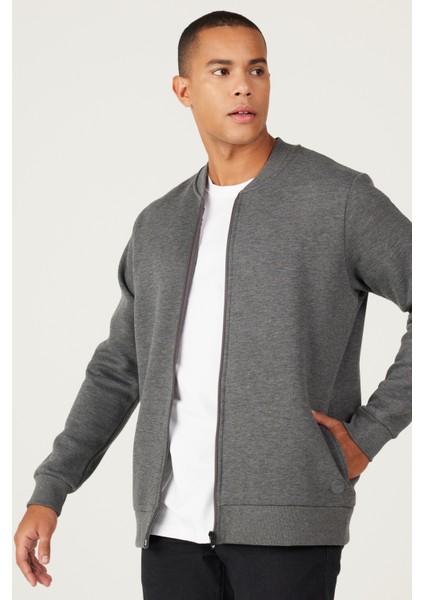 Erkek Antrasit-melanj Standart Fit Normal Kesim Içi Polarlı 3 Iplik Kolej Yaka Pamuklu Sweatshirt