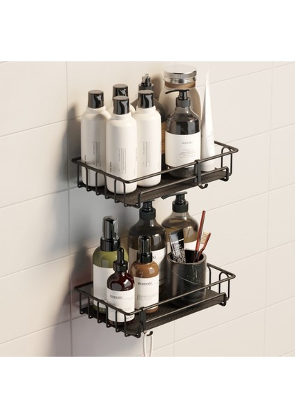 Teknotel Yapışkanlı Kancalı 2 Adet Banyo Rafı Mat Siyah ST242P Pleksi Taban