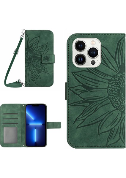 Iphone 13 Pro Max Telefon Kılıfı 6.7 Inç Pu Deri Cüzdan Kılıf Cilt Touch Baskı Baskısı Ayçiçeği Folio Omuz Strap-Dark Yeşil ile Telefon Kapağı (Yurt Dışından)