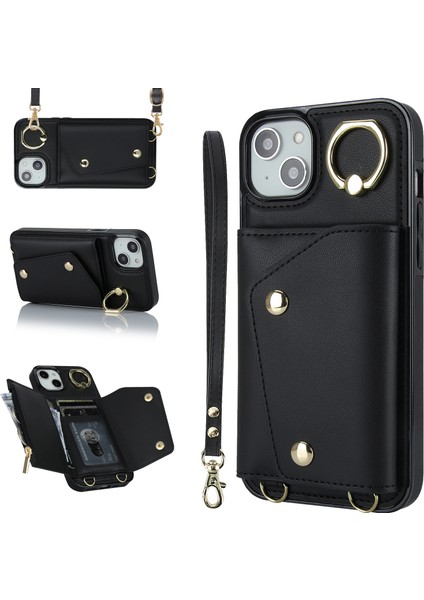 Iphone 12 Mini Deri Kaplamalı Tpu Telefon Kickstand Case Zipper Cüzdan Crossbody Telefon Kapak Black (Yurt Dışından)