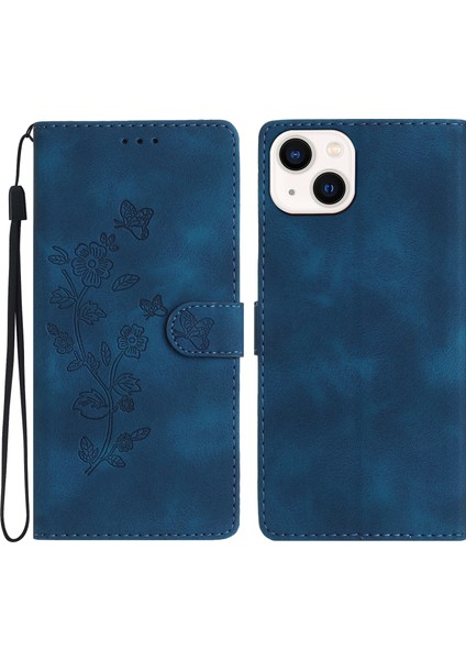 Iphone 13 Mini 5.4 Inç Deri Cüzdan Telefon Kapağı Çiçek Baskılı Stand Mobil Case-Mavi (Yurt Dışından)