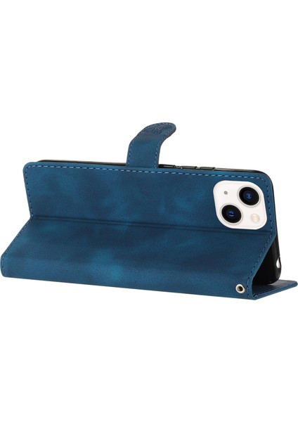 Iphone 13 Mini 5.4 Inç Deri Cüzdan Telefon Kapağı Çiçek Baskılı Stand Mobil Case-Mavi (Yurt Dışından)