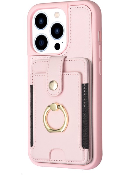 Iphone 13 Pro Max Telefon Kılıfı Yuvası Yuvası Pu Pu Deri Kapalı Tpu Yüzük Kickstand Telefon Kapak Pembe (Yurt Dışından)