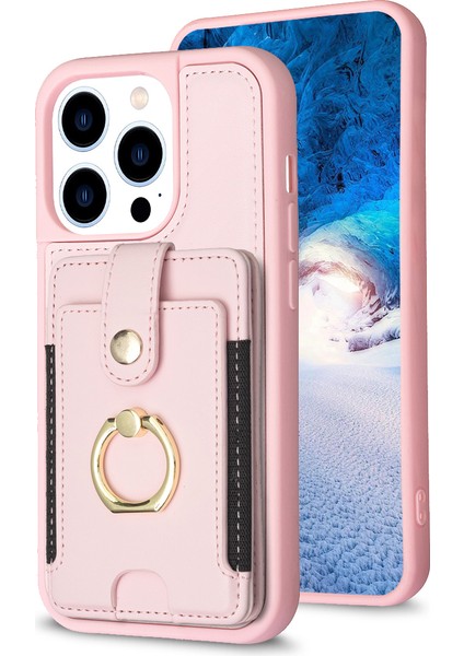 Iphone 13 Pro Max Telefon Kılıfı Yuvası Yuvası Pu Pu Deri Kapalı Tpu Yüzük Kickstand Telefon Kapak Pembe (Yurt Dışından)