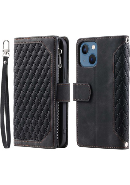 Iphone 13 Mini Telefon Kılıfı Için Zipper Cep Deri Kılıf 5.4 Inç Rhombus Doku Stand Cüzdan Şok Geçirmez Telefon Kapağı Bilek Kayış-Siyah (Yurt Dışından)