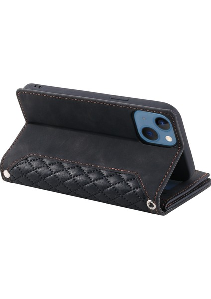 Iphone 13 Mini Telefon Kılıfı Için Zipper Cep Deri Kılıf 5.4 Inç Rhombus Doku Stand Cüzdan Şok Geçirmez Telefon Kapağı Bilek Kayış-Siyah (Yurt Dışından)