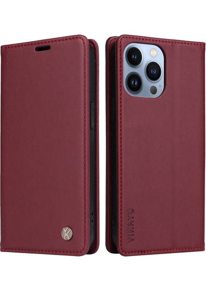 Iphone 13 Pro Telefon Kılıfı 6.1 Inç Yk- 001 Anti-Fall Manyetik Otomatik Absorbed Pu Deri Deri Flip Cüzdan Stand Koruyucu-Kırmızı (Yurt Dışından)