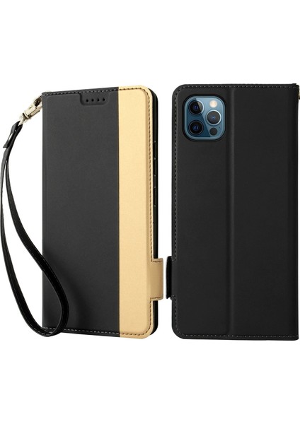 Iphone 13 Pro Telefon Kılıfı Şok Geçirmez 6.1 Inç Kontrast Renk Standı Kartı Tutucu Pu Deri Çift Manyetik Toka-Siyah (Yurt Dışından)