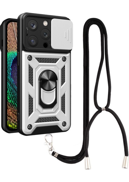 Iphone 13 Pro Telefon Kılıfı Kickstand 6.1 Inç Yerleşik Manyetik Metal Sac Hibrit Telefon Kabuk Yüzük Tutucu Slayt Kamera Kapağı ve Kirki Silver (Yurt Dışından)