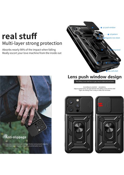 Iphone 13 Pro Telefon Kılıfı Kickstand 6.1 Inç Yerleşik Manyetik Metal Sac Hibrit Telefon Kabuk Yüzük Tutucu Slayt Kamera Kapağı ve Kirki Silver (Yurt Dışından) fırsatları
