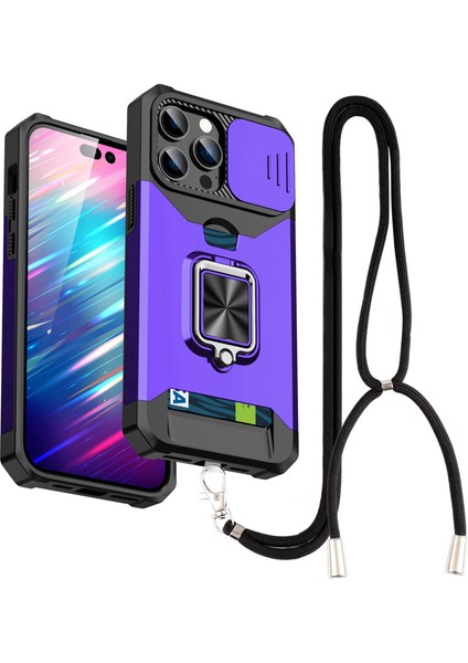 Iphone 13 Pro Telefon Kılıfı 6.1 Inç Sabit Pc+Tpu Kickstand Slayt Kamera Kapak Kartı Tutucu Telefon Kabuğu Strap-Purple ile (Yurt Dışından)