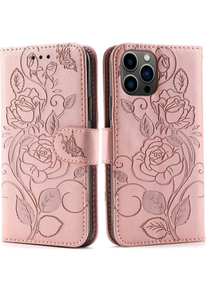 Iphone 13 Pro Maks Telefon Kılıfı Tam Koruma 6.7 Inç Baskılı Güller Pu Deri Flip Cüzdan Kapak Stand Telefon Kabuk Golü Altın (Yurt Dışından)