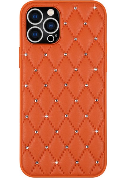 Iphone 13 Pro Max Telefon Kılıfı Koruyucu Kılıf 6.7 Inç Anti-Fall Rhinestone Dekor Rhombus Doku Pu Deri+Tpu Telefon Kapağı Geri Kabuk-Orange (Yurt Dışından)