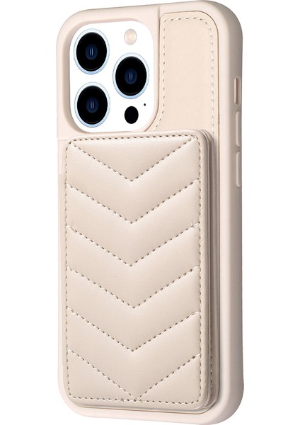 Iphone 13 Pro Telefon Kılıfı Kickstand Wave Dikiş Doku Kart Tutucu Tpu+Pu Deri-Bej (Yurt Dışından)