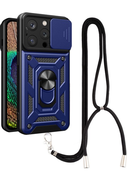 Iphone 13 Pro Telefon Kılıfı Kickstand 6.1 Inç Yerleşik Manyetik Metal Sac Hibrit Telefon Kabuk Yüzük Tutucu Slayt Kamera Kapağı ve Kirk Mavisi (Yurt Dışından)