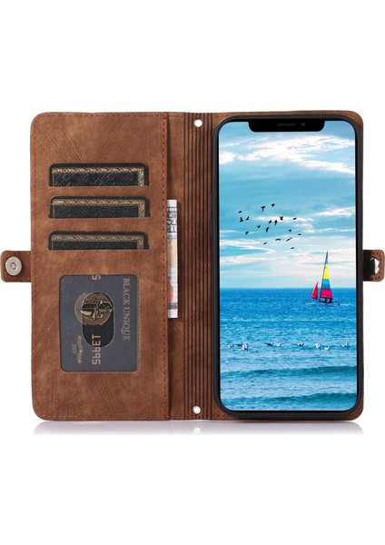 Iphone 13 Pro Max Telefon Kılıfı 6.7 Inç Çok Fonksiyonlu 9 Kart Yuvaları Stand Koruyucu Kapak Pu Deri Cüzdan Kılıfı Fermuar Cep ve Bilek Kayış Kahverengi (Yurt Dışından)