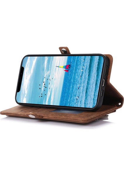 Iphone 13 Pro Max Telefon Kılıfı 6.7 Inç Çok Fonksiyonlu 9 Kart Yuvaları Stand Koruyucu Kapak Pu Deri Cüzdan Kılıfı Fermuar Cep ve Bilek Kayış Kahverengi (Yurt Dışından)