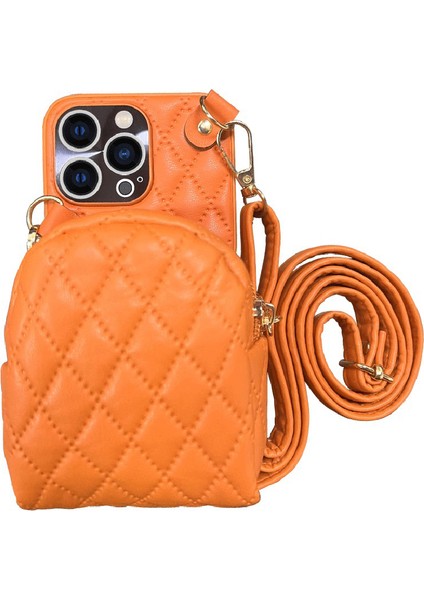 Iphone 13 Pro Max Telefon Kılıfı 6.7 Inç Baskılı Rhombus Desen Çıkarılabilir Kart Tutucu Pu Deri Kaplamalı Pc Crossbody Fermuar Çanta Kapağı Omuz Kayışı-Orange (Yurt Dışından)