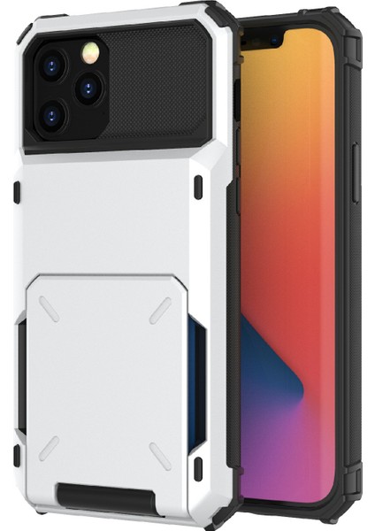 Flip Tasarım Kartı Tutucu Tpu+Pc Hibrit Kılıf Damalı Kapak Iphone 13 Pro 6.1 Inç-Beyaz (Yurt Dışından)