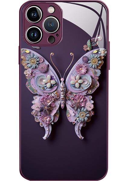 Iphone 13 Pro Telefon Kılıfı Için 6.1 Inç Şık Kelebek Desen Temperli Cam+Tpu Kıç Çizgisi Kapak-Dark Mor (Yurt Dışından)