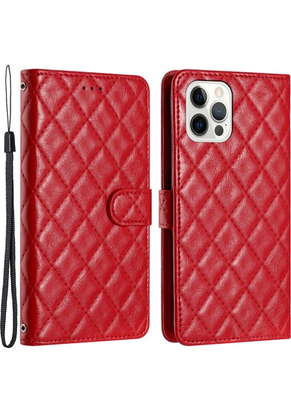 Iphone 13 Pro Max Telefon Kılıfı Dikiş Hattı Rhombus Doku Doku Telefon Kılıfı Cüzdan Flip Stand Pu Deri Telefon Kapak-Kırmızı (Yurt Dışından)