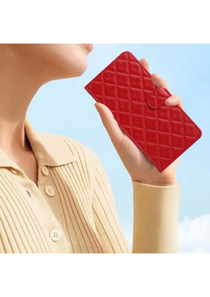 Iphone 13 Pro Max Telefon Kılıfı Dikiş Hattı Rhombus Doku Doku Telefon Kılıfı Cüzdan Flip Stand Pu Deri Telefon Kapak-Kırmızı (Yurt Dışından)