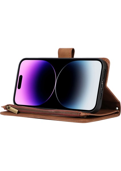 Iphone 13 Pro Max Telefon Kılıfı 6.7 Inç Pu Deri 9 Kart Yuvaları Cüzdan Telefon Kılıfı Baskılı Fermuar Cep Flip Stand Kapak-Kahverengi (Yurt Dışından) modelleri