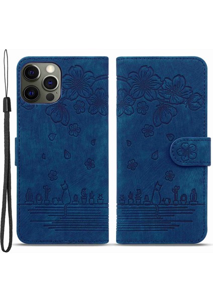 Iphone 13 Pro Telefon Kılıfı 6.1 Inç Şok Geçirmez Flip Kılıf Cüzdan Kiraz Çiçeği Kedi Strap Kart Tutucu Mavi ile Baskılı Pu Deri Stand Kapağı (Yurt Dışından)