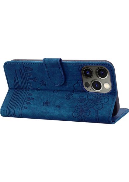 Iphone 13 Pro Telefon Kılıfı 6.1 Inç Şok Geçirmez Flip Kılıf Cüzdan Kiraz Çiçeği Kedi Strap Kart Tutucu Mavi ile Baskılı Pu Deri Stand Kapağı (Yurt Dışından) fırsatları