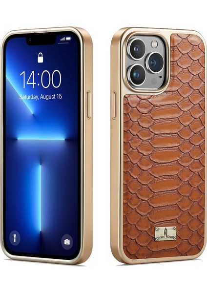 Iphone 13 Pro Max Telefon Kılıfı 6.7 Inç Slip Slip Grip Yılan Dokusu Pu Deri Kaplamalı Pc Arka Kabuk Elektroglum Kenar Cep Telefonu Kapak Kahverengi (Yurt Dışından)