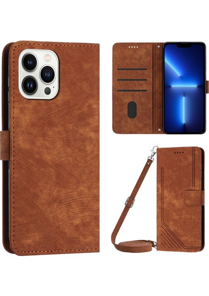 Iphone 13 Pro Telefon Kılıfı Için 6.1 Inç Pu Deri Deri Touch Hatları Baskılı Cüzdan Stand Flip Cover-Brown (Yurt Dışından)
