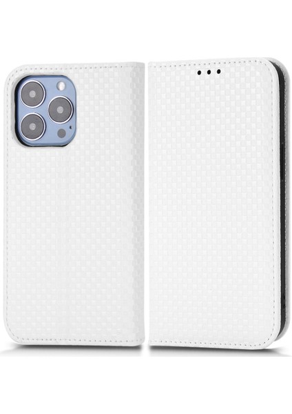 Iphone 13 Pro Max Telefon Kılıfı Için 6.7 Inç Pu Deri Telefon Flip Cüzdan Kılıfı Izgara Dokusu Manyetik Otomatik Absorlanmış Telefon Kapağı Koruyucu Kabuk-Beyaz (Yurt Dışından)