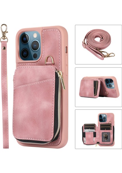 Iphone 13 Pro Maks Telefon Kılıfı 6.7 Inç Kart Torosu Tasarım Kickstand Kapağı Şok Geçirmez Pu Deri Kaplı Tpu El ve Omuz Kayış Pembe (Yurt Dışından)
