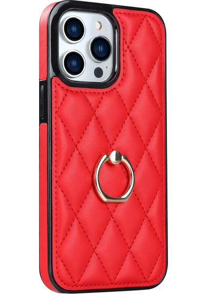 Iphone 13 Pro Max Telefon Kılıfı Pu Deri+Tpu Telefon Kılıfı Dikiş Rhombus Ring Tutucu Kickstand Telefon Kapak-Kırmızı (Yurt Dışından)