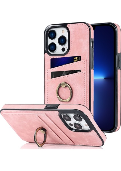 Iphone 13 Pro Max Telefon Kılıfı 6.7 Inç Retro Pu Derülü Kaplamalı Tpu Kılıf Anti-Çizelge Telefon Kapağı Ring Kickstand ve Card Tutucu-Pink ile (Yurt Dışından)